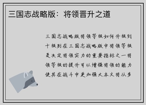 三国志战略版：将领晋升之道