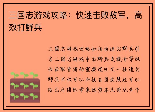 三国志游戏攻略：快速击败敌军，高效打野兵