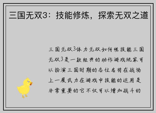 三国无双3：技能修炼，探索无双之道